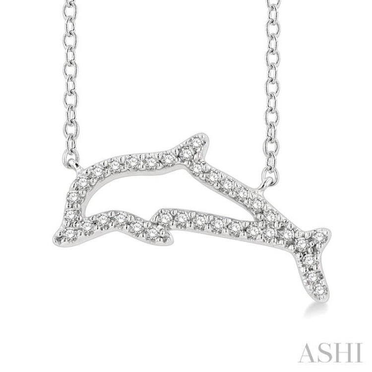 1/10 Ctw Sea Life Petite Dolphin Round Cut Diamond Fashion Pendant With Chain in 10K White Gold
