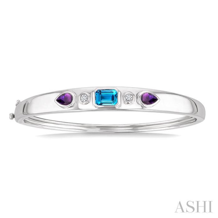 7x5 MM Octagon Shape Blue Topaz & 6x4 MM Pear Shape Amethyst and 1/10 Ctw Round Cut Diamond Semi-Precious Bangle in Sterling Silver