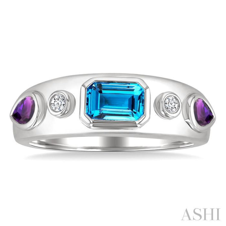 6x4 MM Octagon Shape Blue Topaz & 5x3 MM Pear Shape Amethyst and 1/20 Ctw Round Cut Diamond Semi-Precious Ring in Sterling Silver