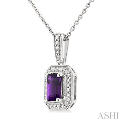 7X5 MM Octagon Shape Amethyst and 1/50 Ctw Single Cut Diamond Semi-precious Pendant With Chain in Sterling Silver