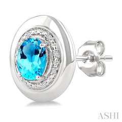 7X5 MM Oval Shape Blue Topaz and 1/20 Ctw Single Cut Diamond Semi-Precious Earrings in Sterling Silver