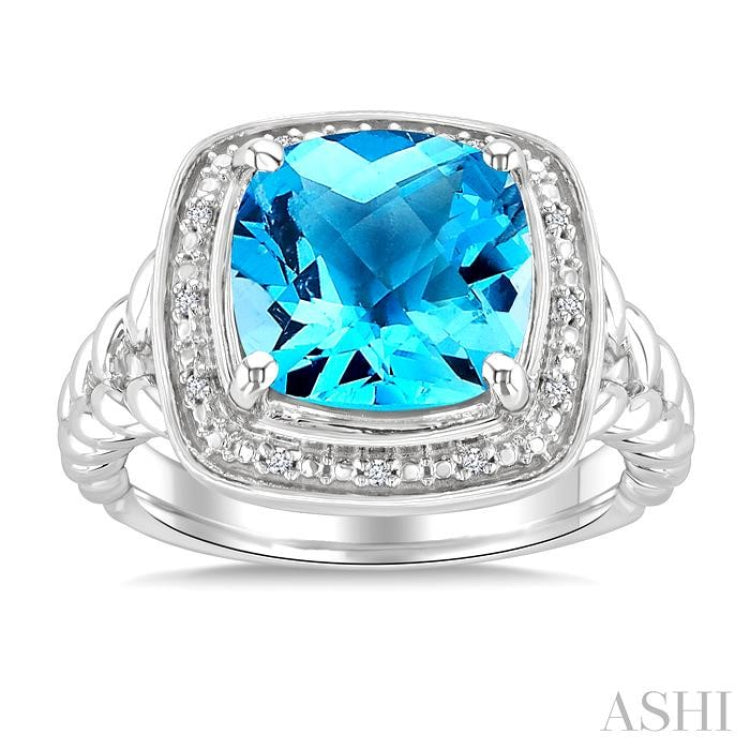 10 MM Cushion Shape Blue Topaz and 1/20 Ctw Single Cut Diamond Semi-precious Ring in Sterling Silver