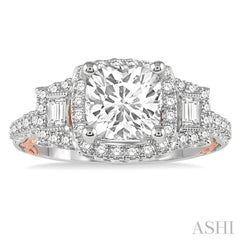 5/8 Ctw Cushion Shape Semi-Mount Baguette and Round Cut Diamond Engagement Ring in 14K White and Rose Gold