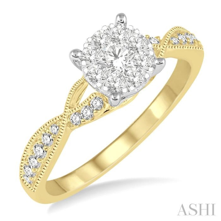 1/2 Ctw Round Cut Diamond Lovebright Engagement Ring in 14K Yellow and White Gold