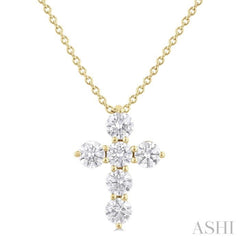 1/2 Ctw Round Cut Diamond Christian Cross 6-Stone Fashion Pendant With Chain in 14K Yellow Gold