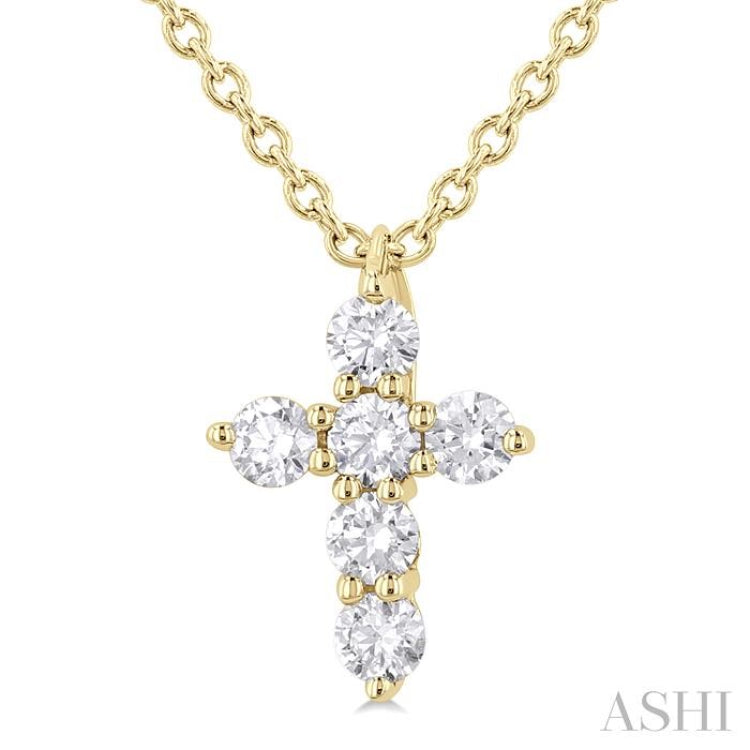 1/6 Ctw Round Cut Diamond Christian Cross 6-Stone Fashion Pendant With Chain in 14K Yellow Gold
