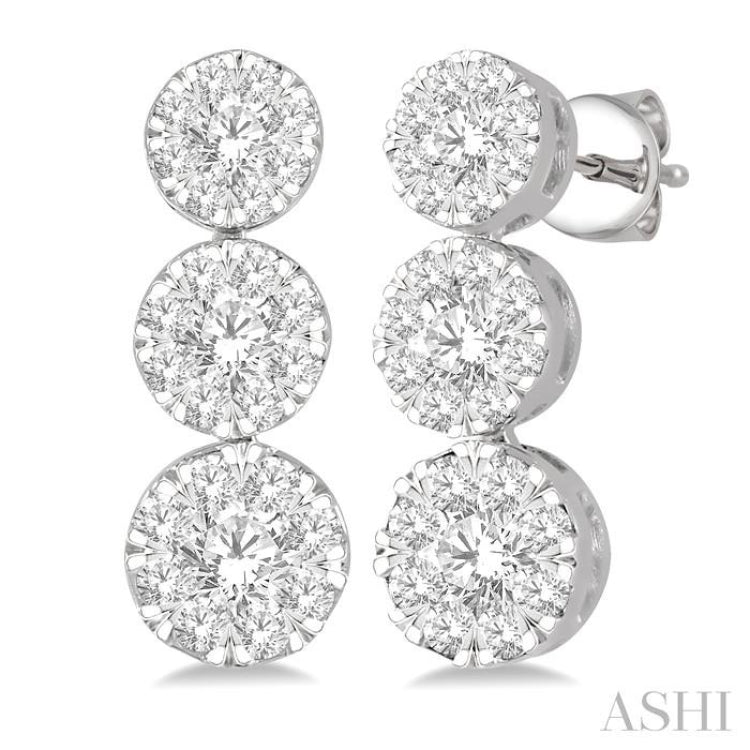 1 Ctw Hanging Triple Mount Lovebright Round Cut Diamond Earrings in 14K White Gold