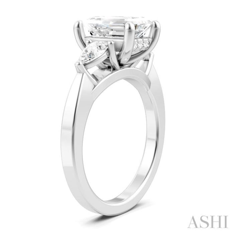 1/2 Ctw Tri-Mount Emerald Shape Center Pear and Round Cut Diamond Semi-Mount Engagement Ring in 14K White Gold