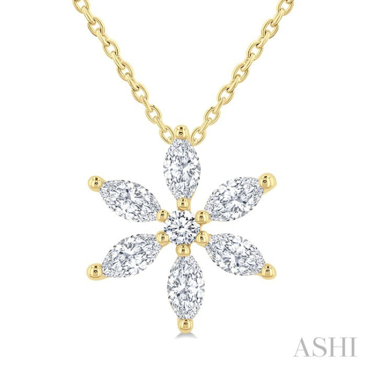 1/3 Ctw Floral Motif Marquise and Round Cut Diamond Fashion Pendant With Chain in 14K Yellow Gold