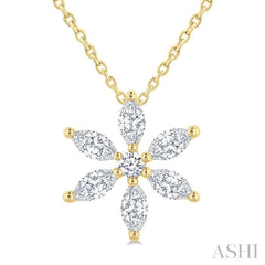 1/3 Ctw Floral Motif Marquise and Round Cut Diamond Fashion Pendant With Chain in 14K Yellow Gold
