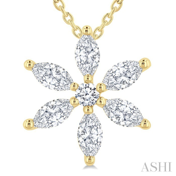 1/3 Ctw Floral Motif Marquise and Round Cut Diamond Fashion Pendant With Chain in 14K Yellow Gold