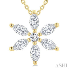 1/3 Ctw Floral Motif Marquise and Round Cut Diamond Fashion Pendant With Chain in 14K Yellow Gold
