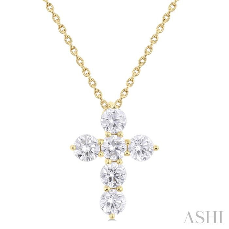 1 Ctw Round Cut Diamond Christian Cross 6-Stone Fashion Pendant With Chain in 14K Yellow Gold