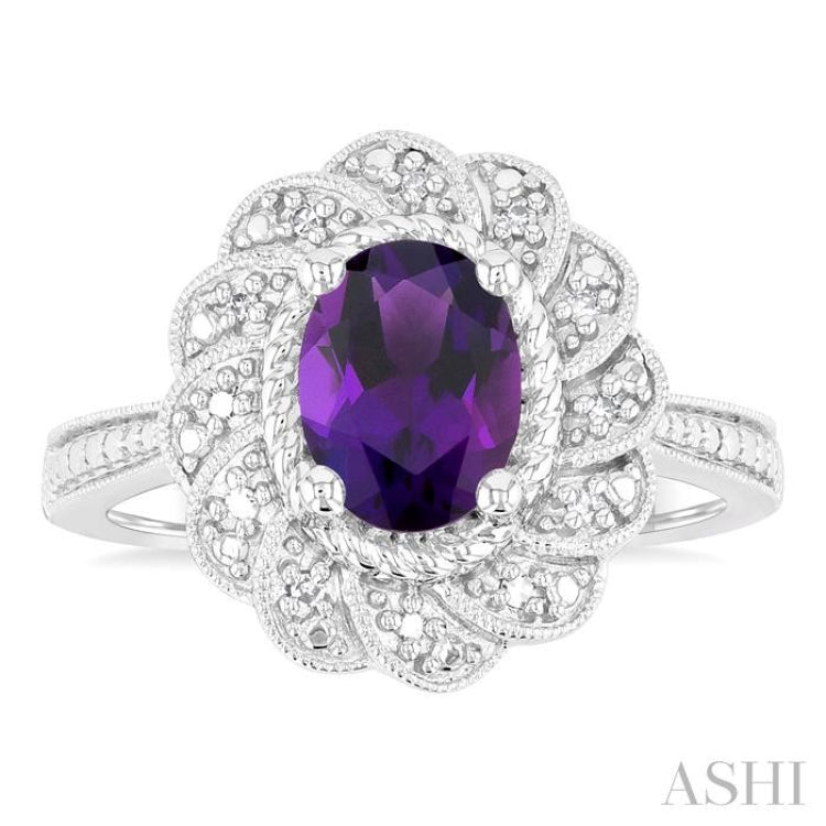 1/20 Ctw Oval Cut 8X6 MM Amethyst and Round Cut Diamond Semi-Precious Ring in Sterling Silver