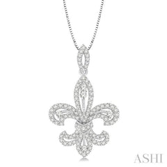 7/8 Ctw Round Cut Diamond Fleur De Lis Diamond Pendant in 14K White Gold with Chain
