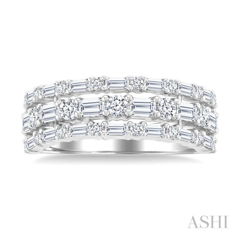1 1/2 Ctw Triple Row Emerald, Baguette and Round Cut Diamond Fashion Band in 14K White Gold