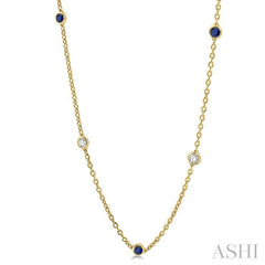 2.85 MM Sapphire and 1/2 Ctw Round Cut Diamond Precious Station Necklace in 14K Yellow Gold
