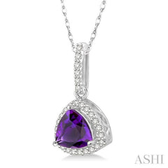 7x7 MM Trillion Cut Amethyst and 1/6 Ctw Round Cut Diamond Semi-Precious Pendant in 10K White Gold with chain
