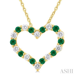 1.80 MM Round Cut Emerald and 1/4 Ctw Open Heart Round Cut Diamond Precious Fashion Pendant With Chain in 14K Yellow Gold