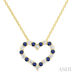 1.4 MM Round Cut Sapphire and 1/8 Ctw Open Heart Round Cut Diamond Precious Fashion Pendant With Chain in 14K Yellow Gold