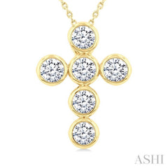 2 Ctw Round Cut Diamond 6-Stone Bezel Set Cross Pendant With Chain in 14K Yellow Gold