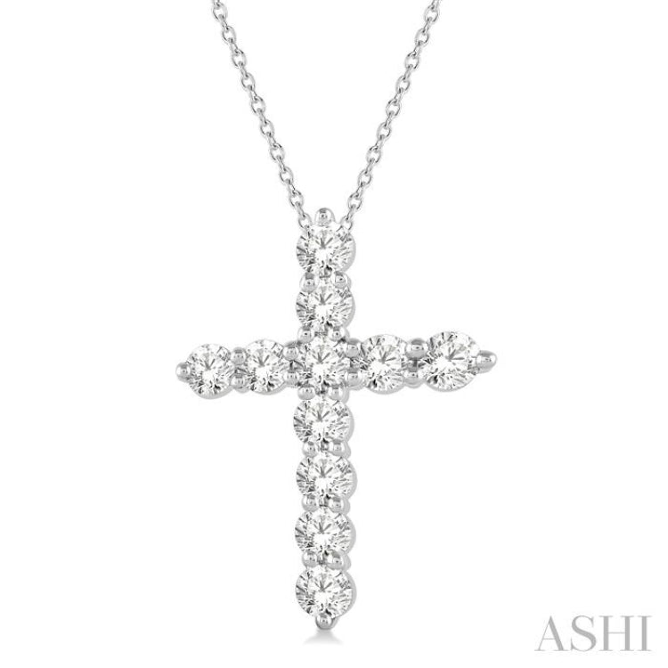 1 Ctw Round Cut Diamond Cross Pendant in 14K White Gold with Chain