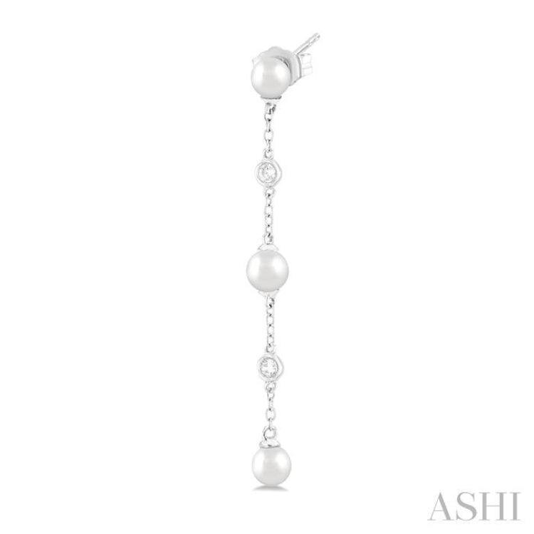4 MM Round Shape Cultured Pearls and 1/20 Ctw Round Cut Diamond Station Long Earring in 14K White Gold