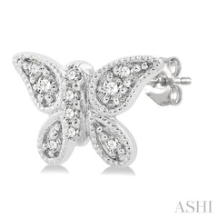 1/10 Ctw Petite Milgrain Butterfly Round Cut Diamond Fashion Stud Earring in 10K White Gold
