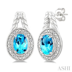 8X6 MM Cushion Shape Blue Topaz and 1/20 Ctw Single Cut Diamond Semi-Precious Earrings in Sterling Silver