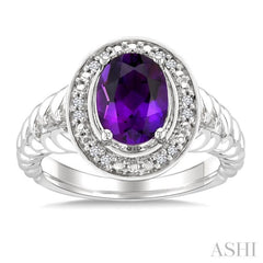9x7 MM Oval Shape Amethyst and 1/20 Ctw Single Cut Diamond Semi-precious Ring in Sterling Silver