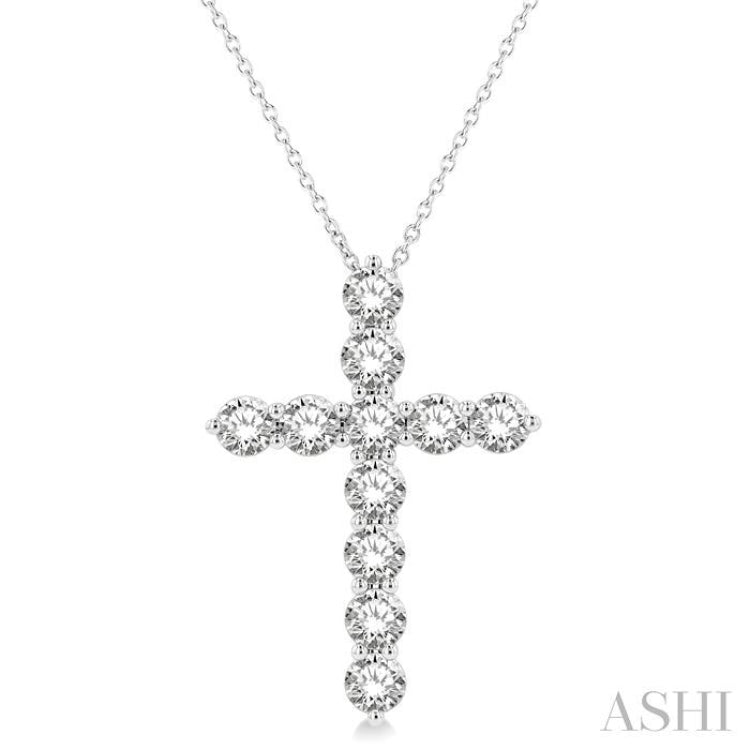 3 Ctw Round Cut Diamond Cross Pendant in 14K White Gold with Chain