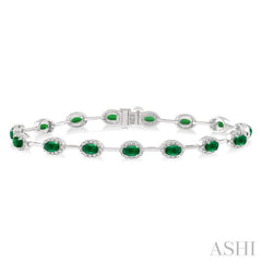 5x3 MM Oval Cut Emerald and 5/8 Ctw Round Cut Diamond Precious Bracelet in 14K White Gold