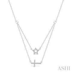 1/6 Ctw Star & Cross Charm Round Cut Diamond Layered Necklace With Link Chain in 10K White Gold