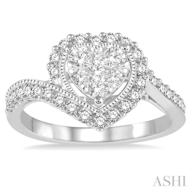 5/8 Ctw Round Cut Diamond Heart Shaped Lovebright Ring in 14K White Gold