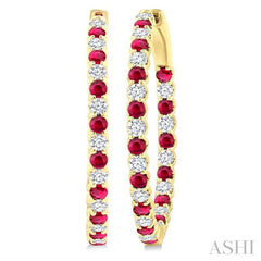 2.3 MM Round Ruby and 1 1/2 Ctw Round Cut Diamond Inside & Outside Alternating Precious Hoop Earrings in 14K Yellow Gold