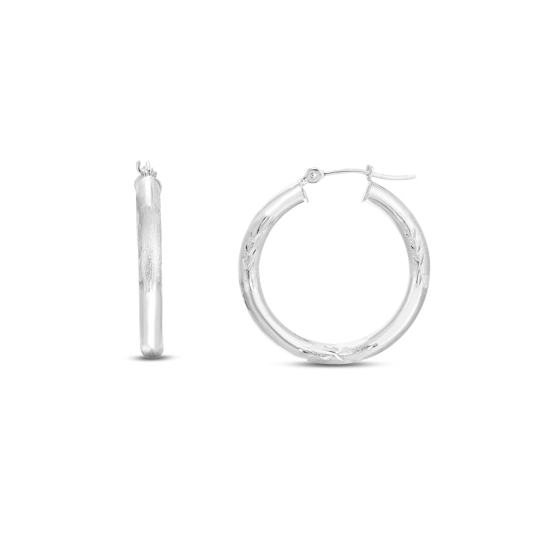 14K White Gold 3x25mm Diamond Cut and Polished Design Hoop Earring