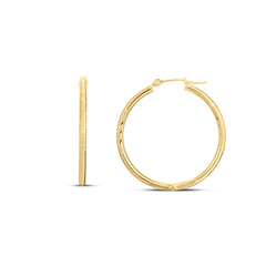 14K Yellow Gold 2x30mm Diamond Cut and Polished Design Hoop Earring