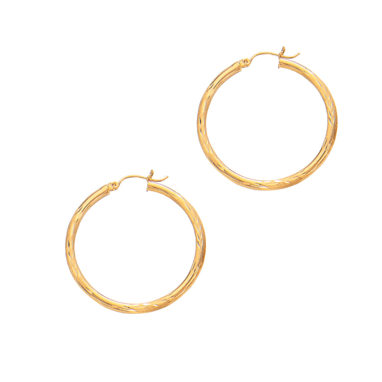 14K Yellow Gold 2x25mm Diamond Cut and Polished Design Hoop Earring
