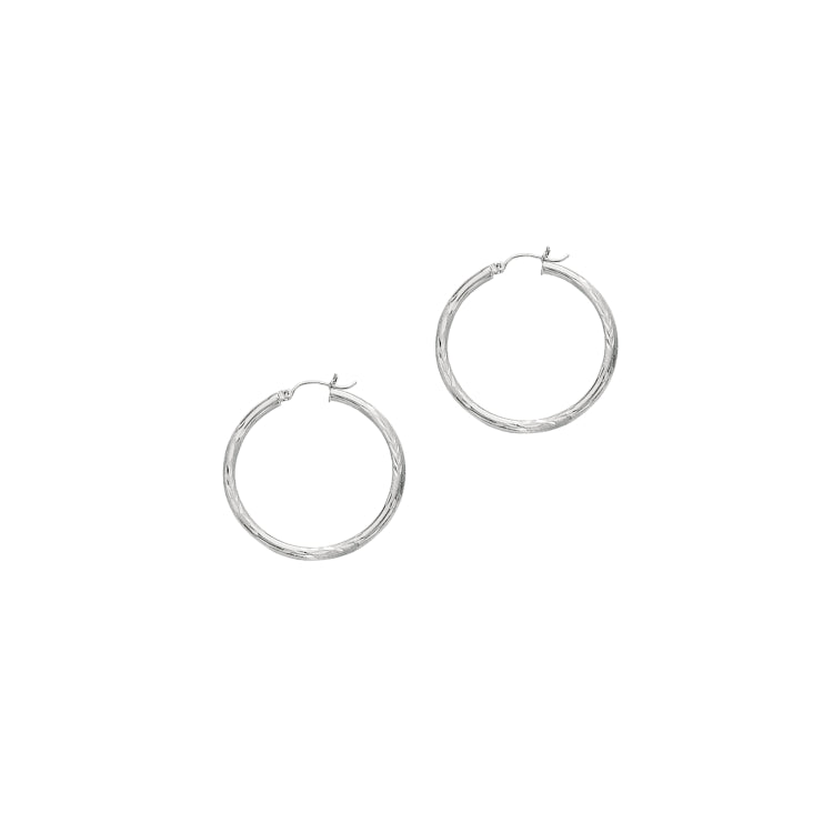 14K White Gold 3x35mm Diamond Cut and Polished Design Hoop Earring