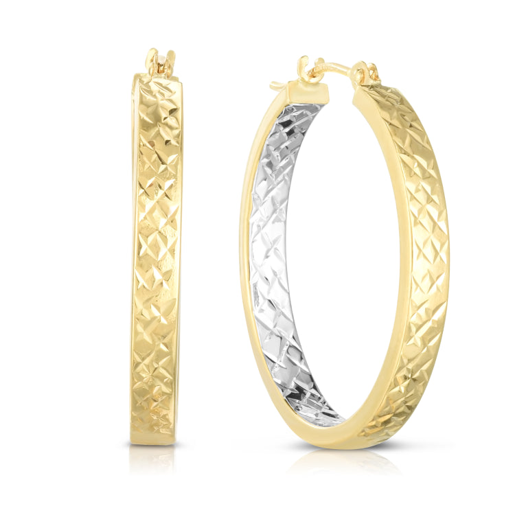 14K Yellow and White Gold 3x25mm Diamond Cut Hoop Earring