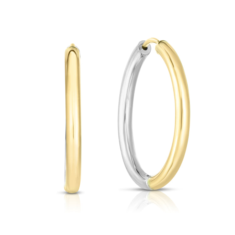 14K Yellow and White Gold 2.5x20mm Diamond Cut Hoop Earring