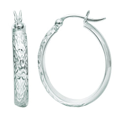 14K White Gold Oval Diamond Cut Hoop Earring