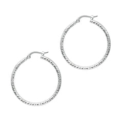 14K White Gold 1.5x25mm Round Diamond Cut Hoop Earring