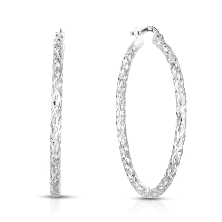 14K White Gold 1.5x30mm Diamond Cut Hoop Earring