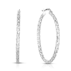 14K White Gold 1.5x30mm Diamond Cut Hoop Earring
