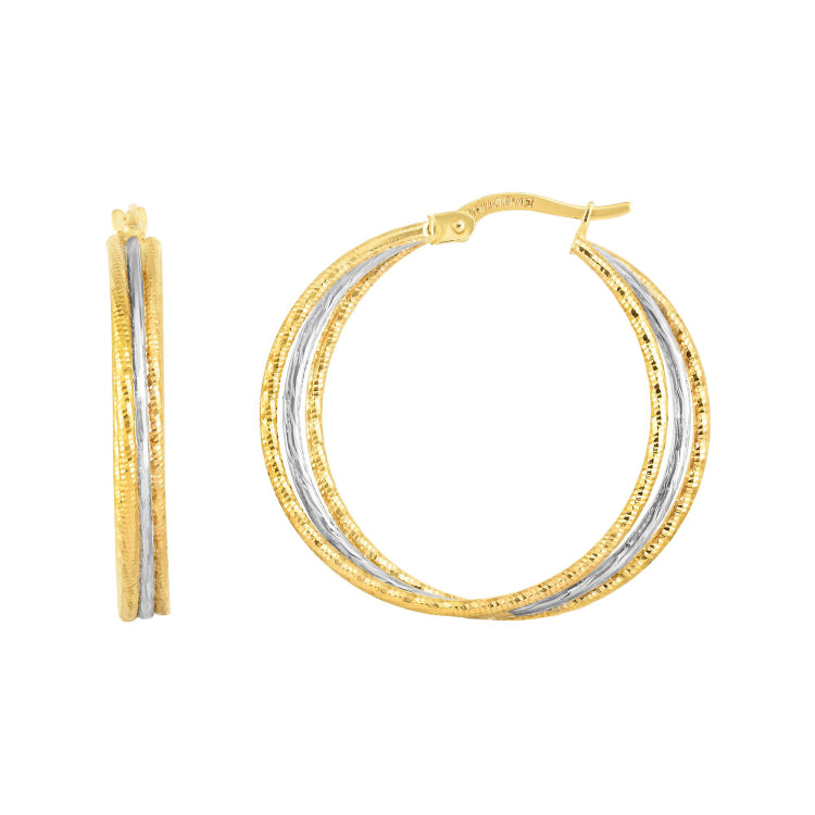14K Yellow and White Gold Polished and Diamond Cut Double Row Hoop Earring