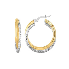 14K Yellow and White Gold Polished and Twist Hoop Earring