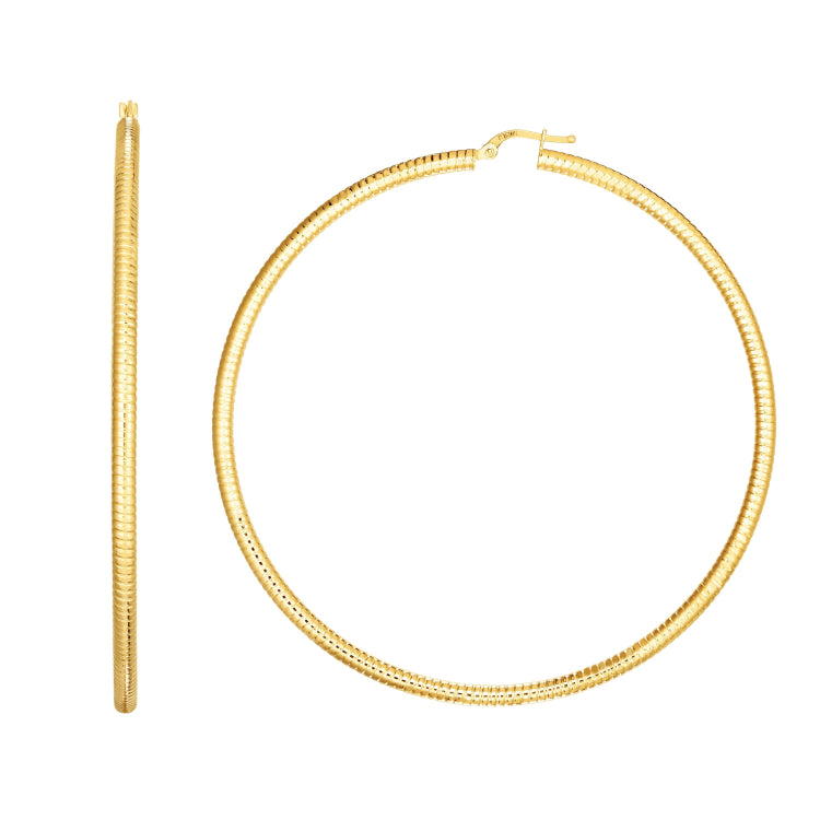 14K Yellow Gold 3x80mm Textured Hoop Earring
