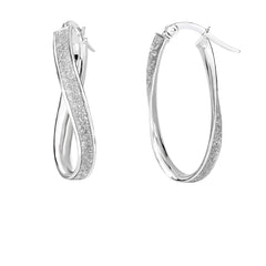 14K White Gold Twisted Oval Glitter Hoop Earring