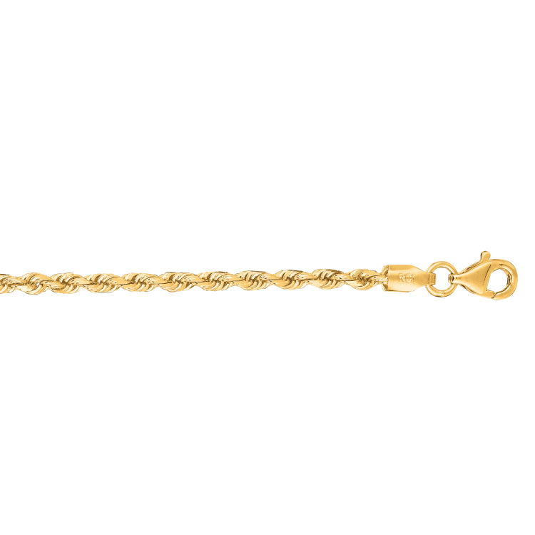 10K Yellow Gold 2.5mm Solid Diamond Cut Royal Rope 8 Chain Bracelet with Lobster Lock